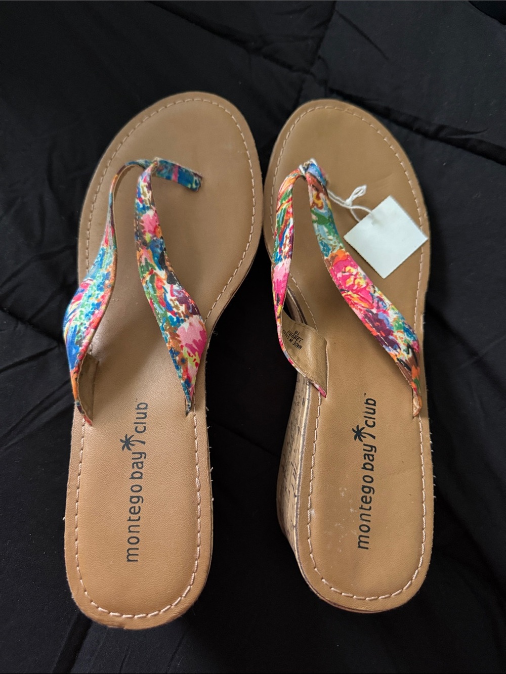 Montego Bay Club Floral Strap Thong Sandals - Tan Footbed, Multicolor Straps